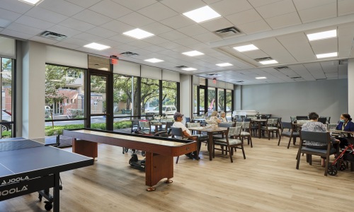 Access to resident-only features a lounge with seating shuffleboard and ping pong table