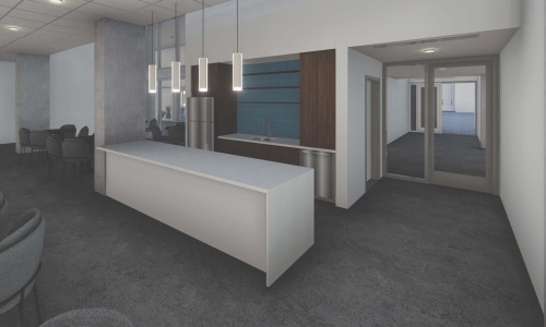 a rendering of a kitchen and seating in a lounge a rendering of a kitchen and seating in a lounge